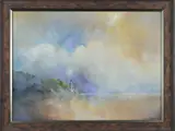 an oil on canvas painting of a view across the sea towards a lighthouse by Peter M Owen, oil on canvas, sold Oct 2018