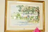 a watercolour painting of a country cottage with a garden in bloom by Polly Raynes, watercolour, sold Oct 2018