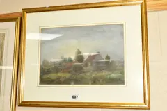 FARMSTEAD AT TWILIGHT, full moon near church tower, livestock watering in foreground by Arthur Severn, watercolour, sold Oct 2018