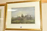 FARMSTEAD AT TWILIGHT, full moon near church tower, livestock watering in foreground by Arthur Severn, watercolour, sold Oct 2018
