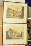 Continental town square with women at the fountain, companion study of half timbered buildings in a town by V Edmunds, watercolour and ink, sold Oct 2018