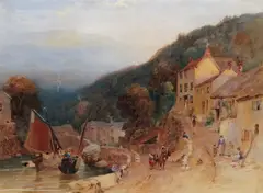 Lynmouth, Devon with boats and figures by cottages Watercolour 49 x 67cm; 19¼ x 26¼in by Samuel Austin, Watercolour, sold Mar 2018