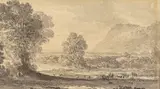 River landscape with distant hill Grisaille washes over pen and ink 8 x 14cm; 3 x 5½in Provenance: J.S by John Glover, ink, sold Mar 2018