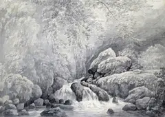 View of a cascade at Wookey Hole Signed and dated 1788 Grisaille washes by John Webber, 1788, watercolor, sold Mar 2018