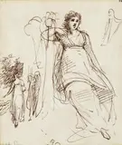 Portrait studies of a lady with a harp Later inscribed indistinctly Lady …, by another hand Pen and ink 17 x 14.5cm; 6¾ x 5¾in by Samuel Shelley, Pen and ink, offered Mar 2018