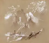 An Alpine scene with a castle Sepia washes heightened with white on grey paper 10.5 x 12cm; 4 x 4¾in Provenance: Martyn Gregory, London by John Ruskin, drawing, sold Mar 2018