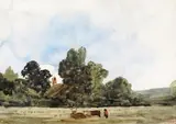 Figure and cattle in a landscape Stamped with the cachet de vente by Paul Huet, Watercolour, sold Mar 2018