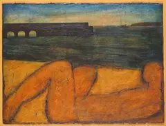 Figure and pier, St by John Emanuel, Oil on paper, laid on board, sold Feb 2018
