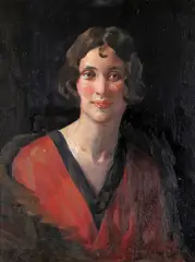 Portrait of a lady wearing red Signed Oil on canvas 65 x 50cm by Henry Young Alison, Oil on canvas, sold Feb 2018