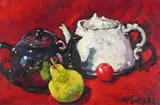 Sunlit still life with teapots Signed Oil on canvas laid down on panel 18 x 28cm by Joe McIntyre, Oil on canvas laid down on panel, sold Feb 2018