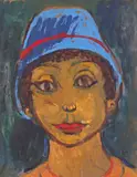 Betty in a blue hat Oil on board 45 x 36cm by Matthew Smith, Oil on board, sold Feb 2018