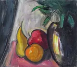 Still life with orange, apple and pear Oil on canvas 30 x 36cm Provenance: Thompsons of Aldburgh by Peter Collis, Oil on canvas, sold Feb 2018