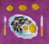 Dish of Mussels Signed, also signed and titled verso Oil on canvas 46 x 51cm Provenance: Thompson's Gallery, London by Mike Healey, Oil on canvas, sold Feb 2018