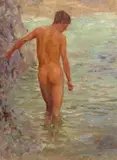 Young Man Bathing Signed and dated 1911 Oil on canvas-board 34 x 25cm Provenance: Geoffrey Glynn, Art Dealer, Chelsea by Henry Scott Tuke, 1911, Oil on canvas-board, sold Feb 2018