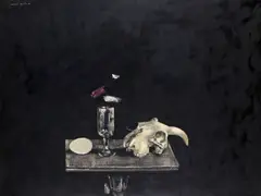 Black still life with Ram's skull Signed and dated 59 Oil on board 76 x 100cm by Michael Ayrton, Oil on board, sold Feb 2018