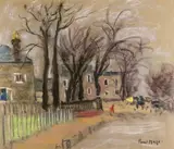 Lady in a tree lined street Signed Coloured chalks on grey paper 47 x 54cm by Paul Maze, drawing, sold Feb 2018