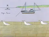 Seagulls on the pier Signed, also signed, titled and dated 1988-89 verso Pastel over pencil with pen and ink on grey paper 24 x 31cm by Bryan Pearce, 1988, Pastel over pencil with pen and ink on grey paper, sold Feb 2018
