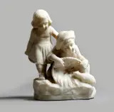 An early 20th century carved alabaster group of a boy and a girl, holding a basket and playing with a cat, the naturalistic base signed 'G by Giuseppe Gambogi, sculpture, offered Jan 2018