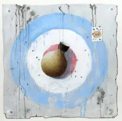 Target acrylic on board with collage, framed, and a still life of broken pots signed lower left 50 x 50cm by Leslie Gooday, acrylic on board, sold Dec 2017
