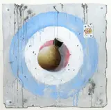 Target acrylic on board with collage, framed, and a still life of broken pots signed lower left 50 x 50cm by Leslie Gooday, acrylic on board, sold Dec 2017