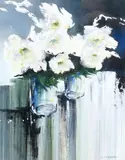 Cyclamen and Table Flowers two acrylic on board paintings, framed, and another signed 31 x 28.5cm by Leslie Gooday, acrylic on board, sold Dec 2017