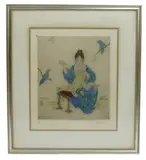 Sewing drypoint etching, hand coloured trial proof on paper, framed signed in pencil lower right, paper label to reverse, catalogue number 97 30 x 26cm by Elyse Ashe Lord, etching, sold Dec 2017