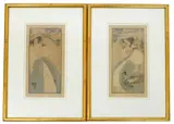 Woman with a Basket and Woman in a Blue Hat two prints published by E.W by Ethel Larcombe, print, sold Dec 2017