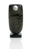 Black Bow, a raku sculpture set with mother of pearl disc, on polished black slate base by Peter Hayes, sculpture, sold Dec 2017