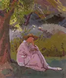 The artist's wife seated under a tree Signed with a monogram Oil on by Walter Bayes, Oil on canvas, sold Nov 2017
