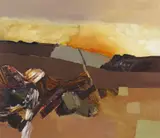 Landscape with burning fields Signed with initials Oil on cardboard 38 by Keith Vaughan, Oil on cardboard, sold Nov 2017