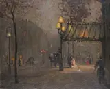 Leaving the Theatre Signed Oil by Hilda Fearon, Oil on canvas, sold Nov 2017