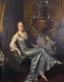 Portrait of a lady in evening dress, full length seated in an elegant interior Signed Oil on canvas 190 x 150cm-- by M. Cavalin, Oil on canvas, sold Nov 2017