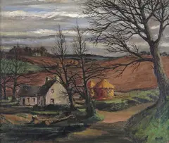 A farmstead in winter Signed Oil on canvas 51 x 61cm ++Canvas slightly loose on stretcher, a few spots of paint loss, a few loose flakes, some craquelure - by George Bissill, Oil on canvas, sold Nov 2017