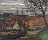 A farmstead in winter Signed Oil on canvas 51 x 61cm ++Canvas slightly loose on stretcher, a few spots of paint loss, a few loose flakes, some craquelure - by George Bissill, Oil on canvas, sold Nov 2017