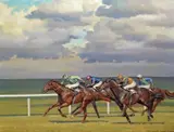 Coming to challenge, Newmarket, The Rowley Mile Signed and dated '85 Oil on canvas 51 x 66cm Provenance: MacConnall Mason, London, 31st July 1985-- by Neil Cawthorne, Oil on canvas, sold Nov 2017