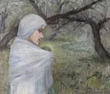 A lady in white in an orchard Signed Oil on canvas 25 x 30cm ++Relined, repairs, restoration, some paint separation, one or two flakes of paint loss by Mary Downing, Oil on canvas, sold Nov 2017