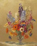 Delphinium and summer flowers in a glass vase Signed Oil by Freda Marston, Oil on canvas, sold Nov 2017