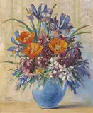 Still life of Iris and spring flowers in a blue jug Signed Oil on board 45 x 38cm ++Would be enhanced by a light clean by Walter Taylor, Oil on board, sold Nov 2017