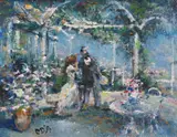 La Traviata Act II, Violetta et Papa Germont Signed with initials, also signed and titled verso Oil on canvasboard 20 x 25.5cm ++Good condition - by Michael D'Aguilar, Oil on canvasboard, sold Nov 2017
