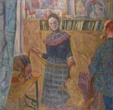 Self portrait with the artist's daughter and cat Signed and dated by Solomon Epstein, Oil on canvas, unframed, sold Nov 2017