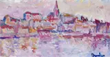 View of a town on a river Signed Oil on board 17 x 31cm ++Good condition - by Ronald Ossory Dunlop, Oil on board, sold Nov 2017