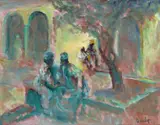Middle Eastern courtyard with figures in the shade Signed Oil on board 46 x 56cm ++Good condition - by Ronald Ossory Dunlop, Oil on board, offered Nov 2017