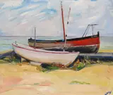 Boats on the shore A pair, both signed Both oil on canvas Each 30 x 36cm (2) ++Both good condition by Kay Gallwey, oil on canvas, sold Nov 2017