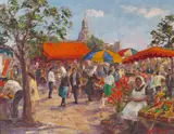 Concarneau market, Brittany, France, 1969 Signed Oil on canvasboard 35 x 45cm- by Ernest Knight, Oil on canvasboard, offered Nov 2017