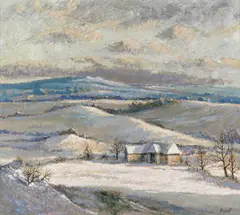 Snow scene, Somerset Signed, also signed and inscribed Near Bath, Somerset on a backing panel verso Oil on canvas laid on board 38 x 43cm - by George Bissill, Oil on canvas laid on board, sold Nov 2017