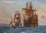 Galleons off the coast, possibly a British ship with captured Spanish vessel Signed Oil on canvas 54 x 71cm ++Relined, good restored condition - by B. F. Gribble, Oil on canvas, sold Nov 2017