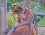 A girl sleeping, seated on a verandah; A seated artist Two both signed with initials Both oil on board 22 x 28cm and 20 x 30cm (2) ++Both good condition by Francis Hoyland, oil on board, sold Nov 2017