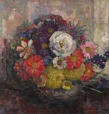 Still life of roses and gerbers in a bowl Signed Oil on canva by Amended Edith Jagger, Oil on canvas, sold Nov 2017