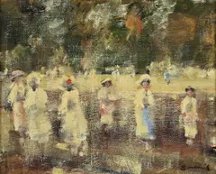 A stroll in the park Signed Oil on board 20 x 25.5cm ++Good condition - by Walter John Beauvais, Oil on board, sold Nov 2017