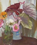 Still life of flowers in a jug and leaves in a mug by Colin Cairns Clinton Campbell, Oil on panel, sold Nov 2017